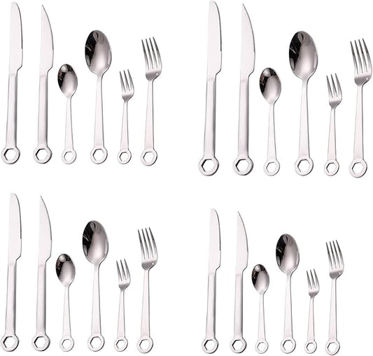 Cutlery Set Stainless Steel Wrench Handle Flatware Set for 4, Food-Grade Serving Cutlery Set Tableware Eating Utensils Knives Forks Spoons Set Gift