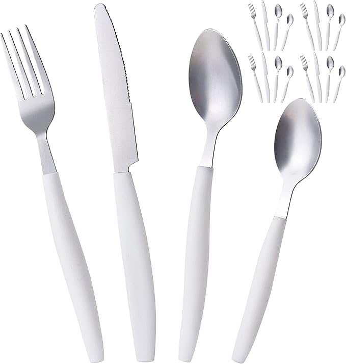 ALPINE CUISINE Flatware Set 16 Piece Service for 4, Stainless Steel Flatware Cutlery Set Includes Dinner Knives/Forks/Spoons - Great for Camping or College Dorms - Dishwasher Safe - White
