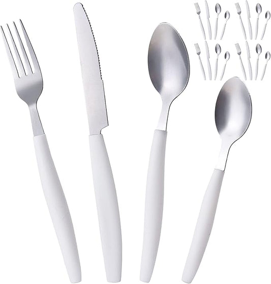 ALPINE CUISINE Flatware Set 16 Piece Service for 4, Stainless Steel Flatware Cutlery Set Includes Dinner Knives/Forks/Spoons - Great for Camping or College Dorms - Dishwasher Safe - White