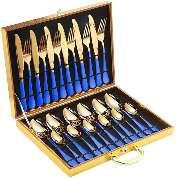 Gift Box 24pcs Set Cutlery Dinnerware 410 Stainless Steel Flatware Set Tableware Suit Dinner Spoon Fork Knife Flatware Serving Sets (Gold + Blue)