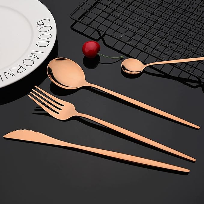 JASHII 24-Piece Stainless Steel Flat Flatware Set for 6, Fork Spoon Knife Set Eating Utensils Tableware with Holder for Kitchens Home and Restaurant, Dishwasher Safe - Rose Gold