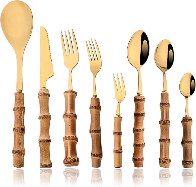 JASHII 30pcs Bamboo Handle Silverware Set, 304 Stainless Steel Gold Flatware Set, Service for 4, with 2pcs Serving Spoons.Mirror Polished, Reusable Bamboo Cutlery Set for Home Party