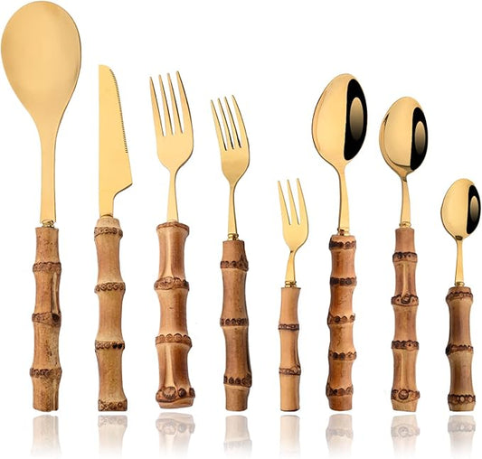 JASHII 30pcs Bamboo Handle Silverware Set, 304 Stainless Steel Gold Flatware Set, Service for 4, with 2pcs Serving Spoons.Mirror Polished, Reusable Bamboo Cutlery Set for Home Party