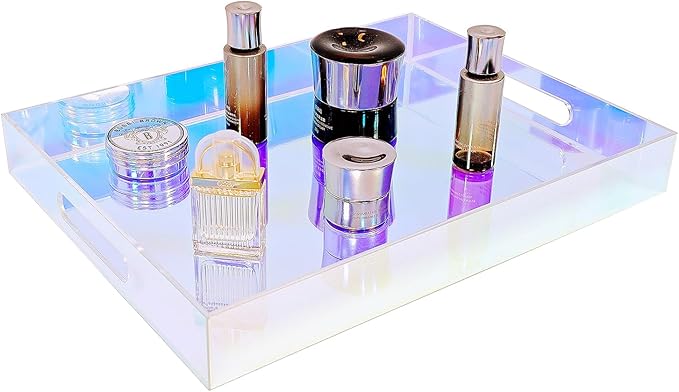 ROYALITA Iridescent Acrylic Tray with Handles, 12X9 Inch Serving Tray Spill Proof, Perfume Decorative Tray for Ottoman Coffee Table Countertop, Wedding Decor, Office Desk