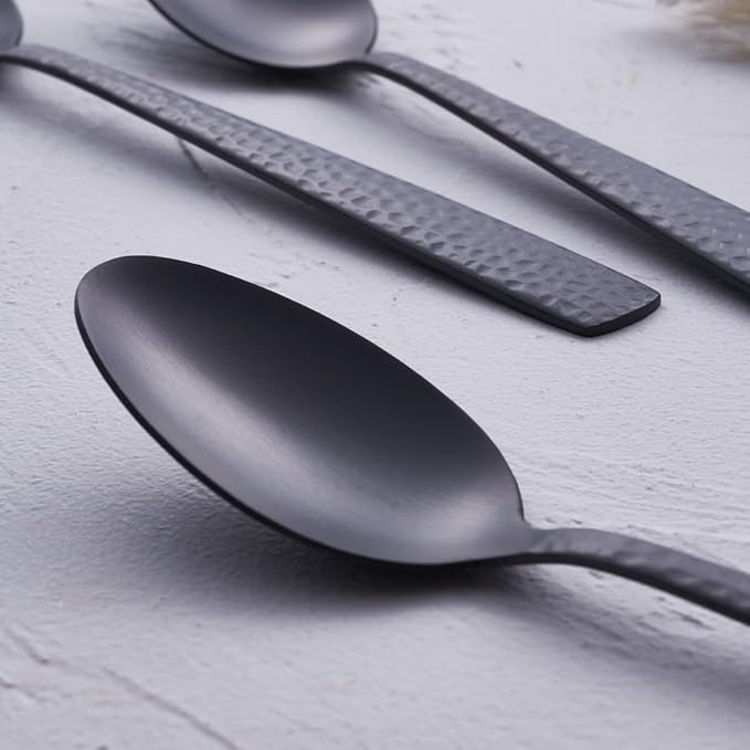 Matte Black 24 Pcs Silverware Flatware Set of 6, FULLYWARE Stainless Steel Hammered Tableware Cutlery Set, Includes Fork Spoon Knife for Home Kitchens, Dishwasher Safe