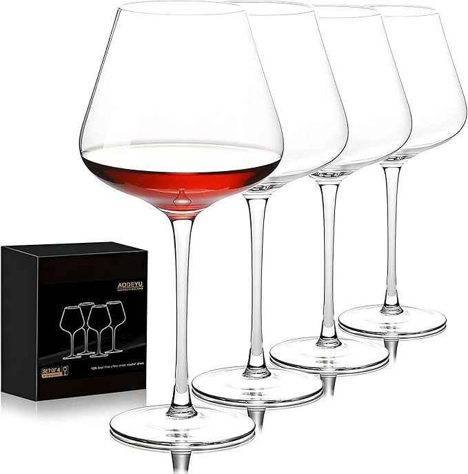 Set of 4 Burgundy Wine Glasses, 23 Ounce Hand Blown Crystal Red Wine Glass, Gift-Box for any Occasion, Italian Style, Lead-Free Premium Crystal Clear Glass