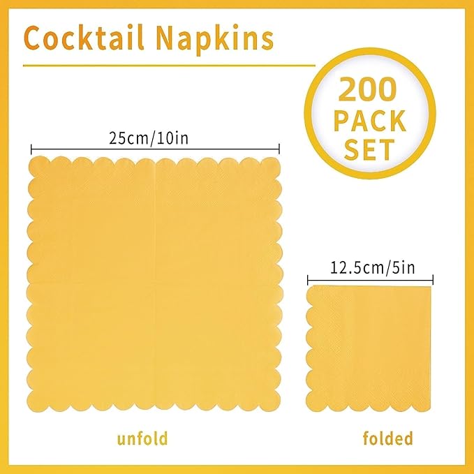 200 Pack Cocktail Napkin 2-Ply Scalloped Edged Dessert Napkins Folded 5 x 5 Inches Disposable Napkins for Dinner Wedding Birthday Party Bridal Anniversary Reception Event (Yellow)