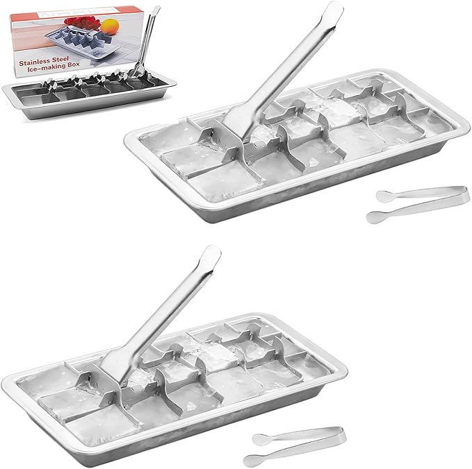 Stainless Steel Ice Cube Trays with Tweezers, Easy-Release Lever Handle, Durable Metal Ice Cube Trays for Freezer, Ideal for Whiskey, Cocktails & Drinks (2 Pack)