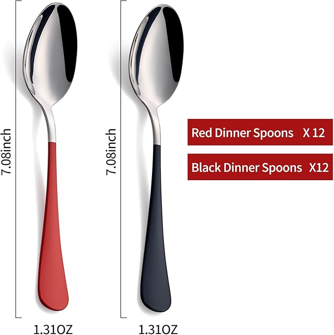 Red and Black Dinne spoons Set 24 Piece,Red and Black Handle Silverware 18/0 Stainless Steel Flatware Bulk 7.3-inch Dessert Spoons Sets Table of 24, Dishwasher Safe