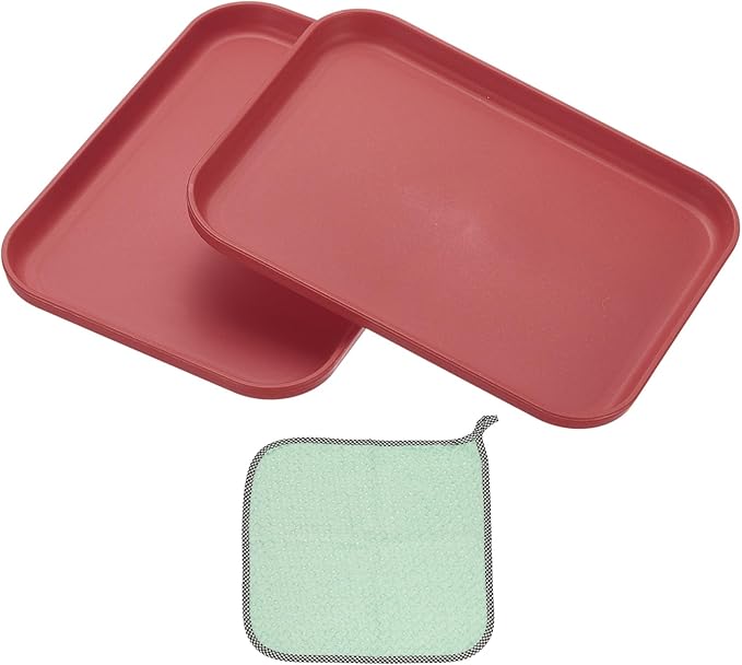 PATIKIL 7.9x5.9 Plastic Tray, 2 Pack Rectangular Plates Small Food Tray Wheat Plates Dishes Reusable Dessert Plate Trays with Cloth for Cake Fruits Salad Cupcake Steak Serving Dark Red