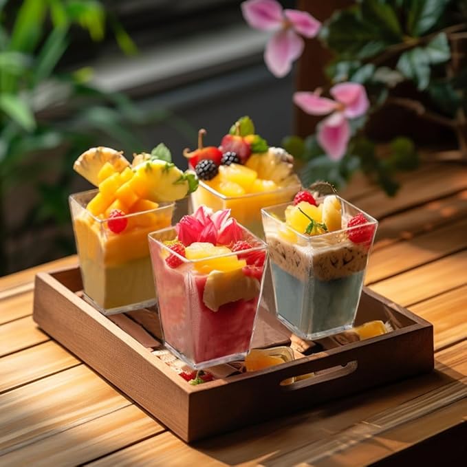 50Pack 5oz Plastic Dessert Cups with Lids and Spoons, Square Clear Parfait Appetizer Cups, Mini Reusable Shooter Serving Cups, Party Dessert Shot Glasses for Tasting