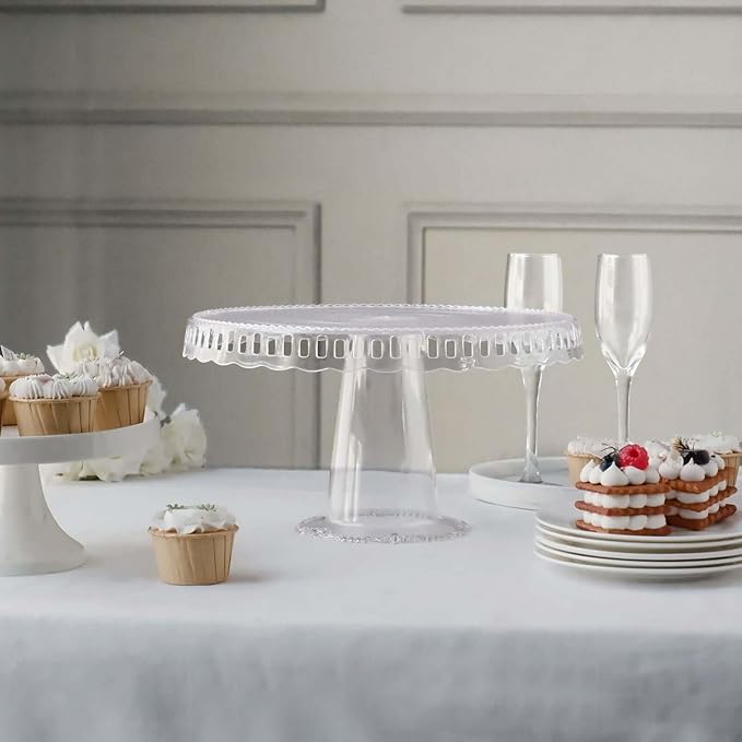 Efavormart 4 Pack | 13" Clear Round Pedestal Footed Reusable Plastic Cupcake Stands with Interchangeable Ribbon Trim Edge