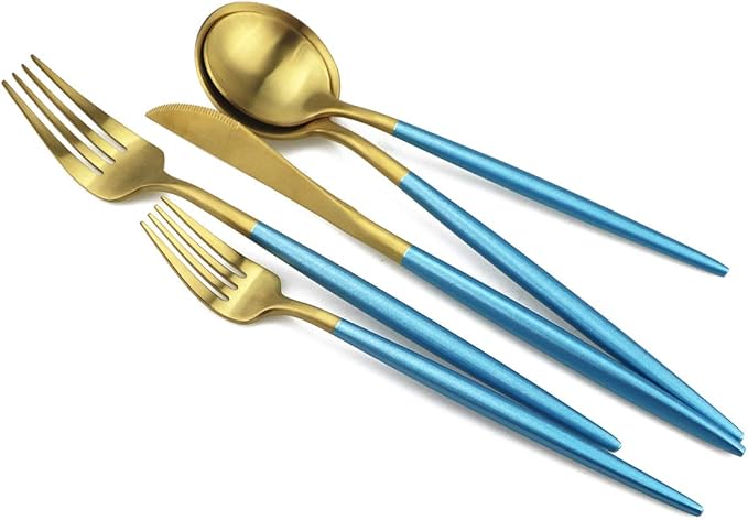 Gugrida Blue Gold Flatware, Royal 5 Piece Matte Blue Handle 18/10 Stainless Steel Tableware Sets for 1 Including Forks Spoons Knives, Camping Silverware Travel Utensils Set Cutlery (Blue Gold)