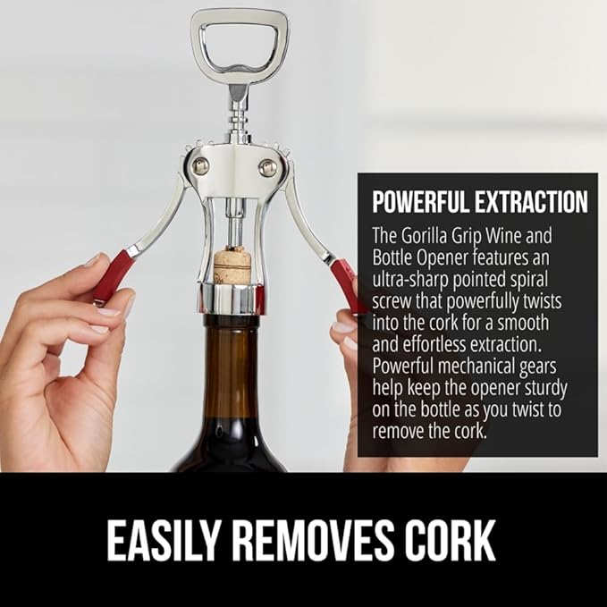 GORILLA GRIP BPA-Free Premium Wine Opener, Heavy Duty Zinc Alloy Wing Corkscrew, Multifunctional Bottle Openers Remove Corks, Caps, Easy to Use Sharp Cork Screw, Dishwasher Safe, Bar Essential, Red
