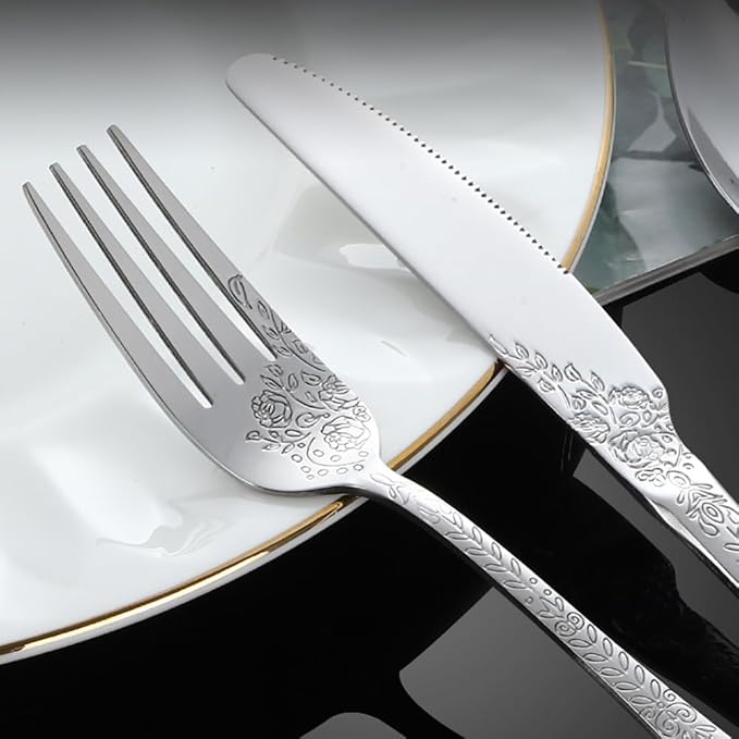 50-piece flowers TWEE Silverware Set for 10, Palace Style Stainless Steel Flatware Cutlery Serving Utensils, Eating Tableware for Home Kitchen Hotel Restaurant, Mirror Polished