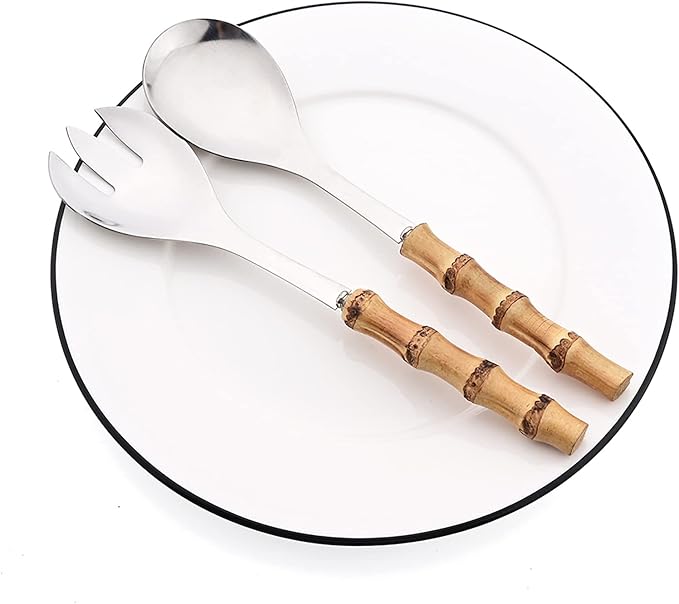 4 Piece Bamboo Handle Serving Set Utensils, 304 Stainless Steel Long Hanlde Serving Fork Spoon For Kitchen Buffet Banquet Wedding Party Cooking (4 Spoons, Silver)