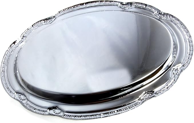 (Pack of 4) 9.4-Inch x 6.4-Inch Oval Shape Chrome Plated Serving Tray Plate Food Art Deco Floral Pattern Engraved Multi-Purpose Party Buffet Wedding Birthday (Small) T125S-4PK
