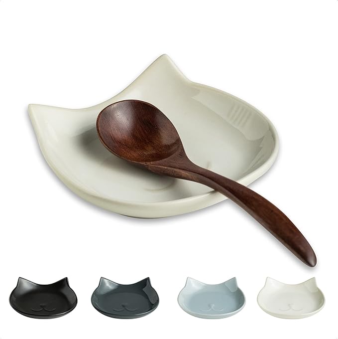 Cat Spoon Rest for Stove Top, Cute Spoon Holder for Kitchen Counter 5.12 Inch, Ceramic Spoon Rest for Cooking Utensils Spatula Sponge, White