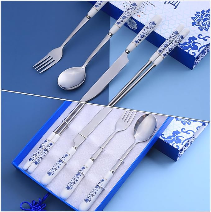 Luxshiny Blue and White Porcelain Flatware Set – Stainless Steel Fork, Spoon, Knife, and Chopsticks – Household Flatware Serving Kit for Home Dining and Party Use, 4pcs Tableware Set