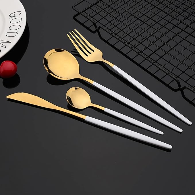 JASHII 24-piece Forks and Spoons Silverware Set with Stand, Metal Tableware Cutlery Set White and Gold Plated Stainless Steel Flatware Set,Service for 6,Mirror Polished
