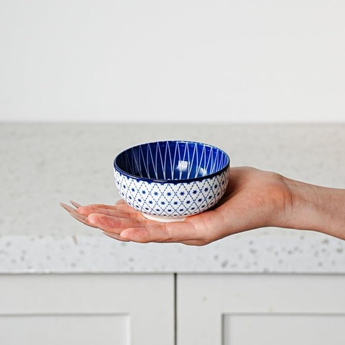 Ceramic Mini Dipping Bowls - 4 Oz Small Dessert Bowl Set - 3.5 Inch Porcelain Bowls for Side Dishes, Snack, Yogurt, Appetizer - Microwave Dishwasher Safe - Set of 6 - Vintage Blue