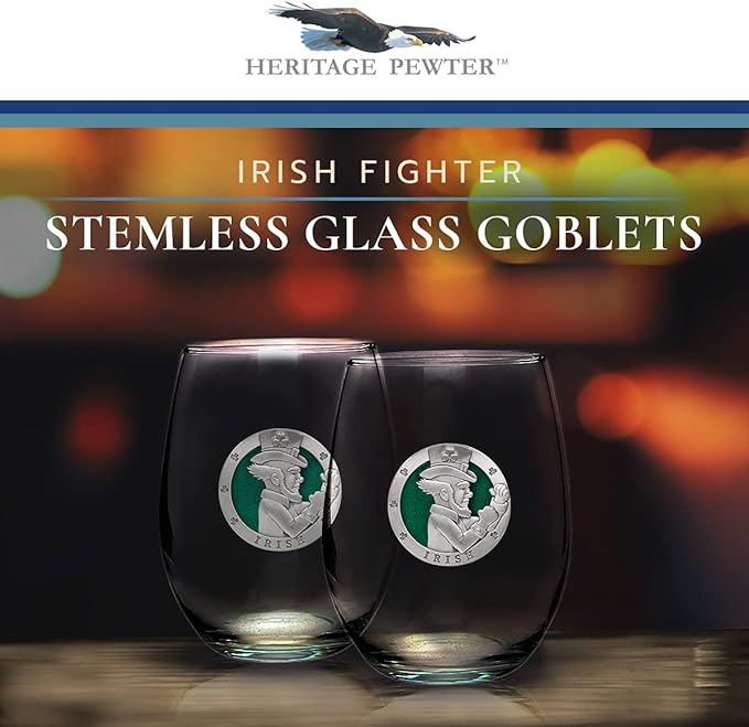 Heritage Pewter Irish Fighter Stemless Glass Goblets – Set of 2 | 15 OZ Goblet Wine Glasses | Expertly Crafted Pewter Glass