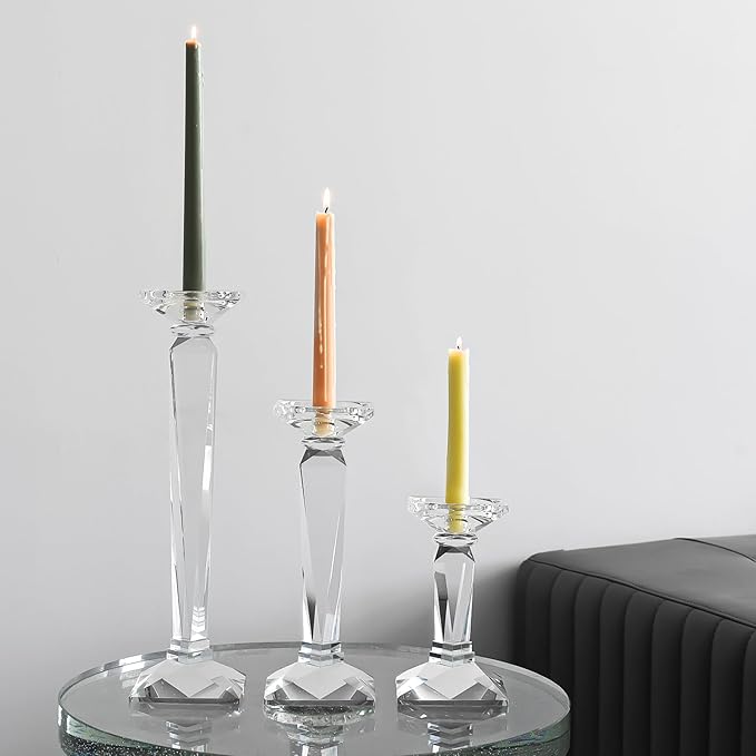 kitCom Crystal Candle Holders Set of 3, 9",10.5",11.5" Tall Crystal Candlestick Holders, Candlestick Holders Taper Candle Holders for Table Wedding Housewarming Gifts Decor