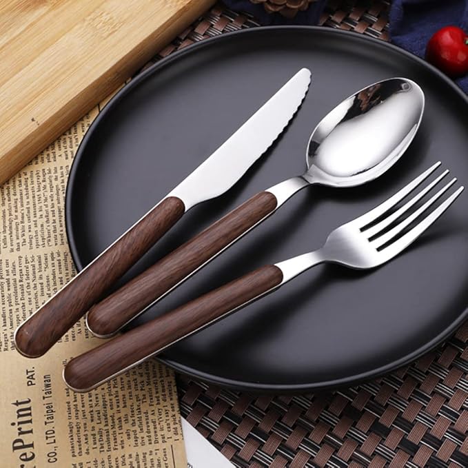 Wood Silverware Set for 16 Durable Stainless Steel Flatware Set 80 Piece Wooden Grain Cutlery Tableware Utensils Set for Home Kitchen Wedding Restaurant Knifes Forks and Spoons