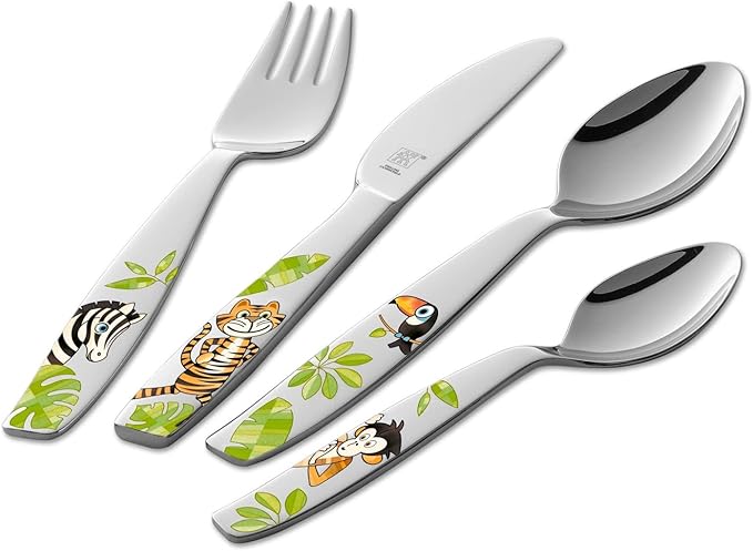 Zwilling 4-Piece Children's Cutlery Set, for Children from 3 Years, 18/10 Stainless Steel, Jungle, Silver