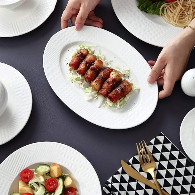 Dinner Plates,Pottery Tableware,48 Pieces Dinnerware Sets, White Ceramics Dinner Sets, Complete Porcelain Combination with Plates, Bowls, Mugs, Coffee Cups and Tea Pot, Microwave S