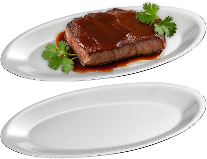 SANQIAHOME 10.9x6.7 Inch Thick Stainless Steel Dinner Plate 2-Piece Set, Egg-Shaped Appetizer Plate,Silver