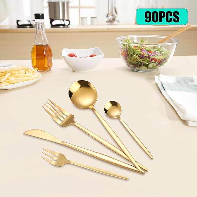 90 Pcs Gold Silverware Set for 18, Gold Flatware Set Stainless Steel Flatware Kitchen Cutlery Serving Utensil Set Forks Spoons And Knives Teaspoons Salad Forks Sets for Home Hotel Party