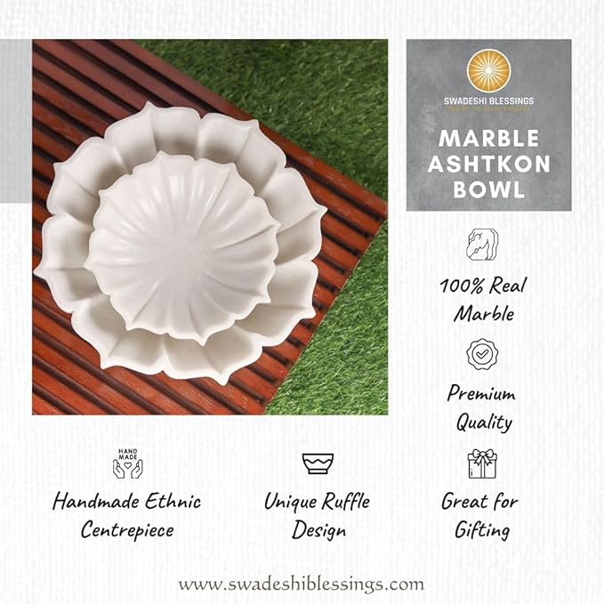 SWADESHI BLESSINGS HandCrafted Marble Lotus Bowl/Organic Modern Home Decor Bowl/Fruit Bowl/Vintage Ring Dish/Decorative Flower Dish/HouseWarming Gifts/Wedding Gifts/Urli (12 Inches)