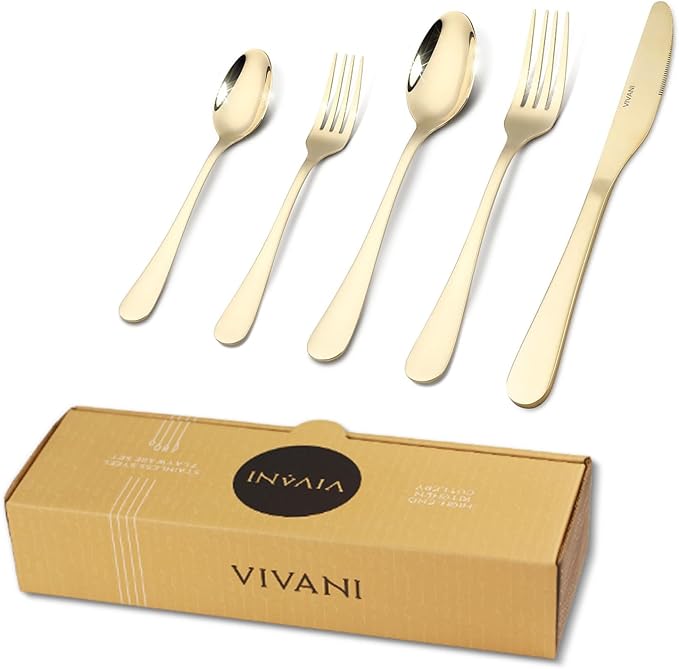 VIVANI 40pcs Champagne Silverware Set for 8, Food-Grade Stainless Steel Light Gold Flatware Set, Utensils Cutlery Set for Home and Cafes, Dishwasher Safe