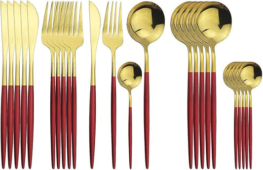 Gold Silverware Set, 24-Piece Stainless Steel Flatware Set Service For 6, Mirror Polished Red Handle Tableware Cutlery Set Knife Fork And Spoon For Home & Restaurant, Dishwasher Safe