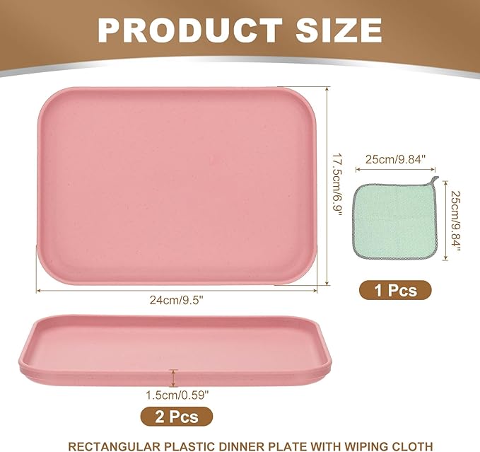 PATIKIL 9.5x6.9 Plastic Tray, 2 Pack Rectangular Plates Small Food Tray Wheat Plates Dishes Reusable Dessert Plate Trays with Cloth for Cake Fruits Salad Cupcake Steak Serving Pink