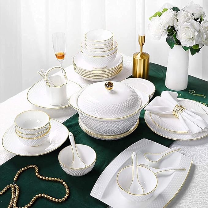 Ceramic Tableware Set, 49 Pieces Of White Embossed Porcelain, Suitable For Microwave Oven And Dishwasher, 45 Pieces Of Bone Meal Healthy Tableware