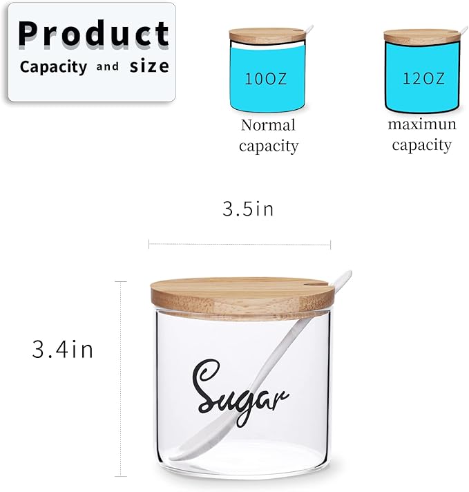 HAOTOP Clear Glass Sugar Bowl with Serving Spoon and Lid, Farmhouse Kitchen Countertop Canisters, Container Jar Dispenser Holder for Home Kitchen,12 oz