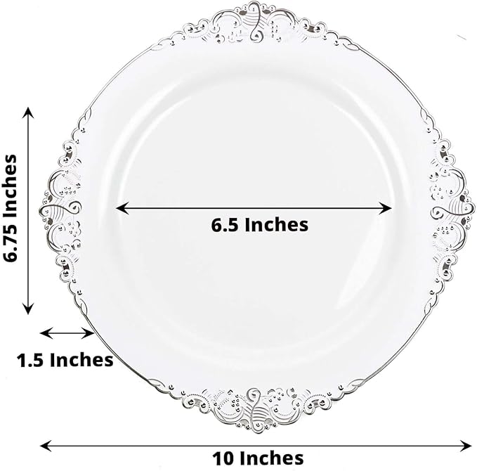 10" Dinner Plates -Set of 30 - Plastic White Silver Round Baroque Disposable Chargers Leaf Embossed Rim, Ideal for Dinner Party Wedding Bulk Events