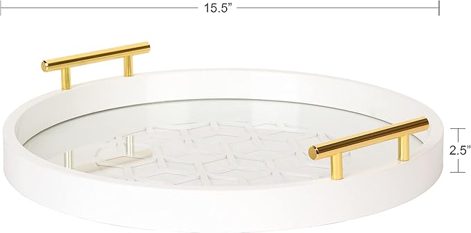 Kate and Laurel Caspen Round Cut Out Pattern Decorative Tray with Gold Metal Handles, White