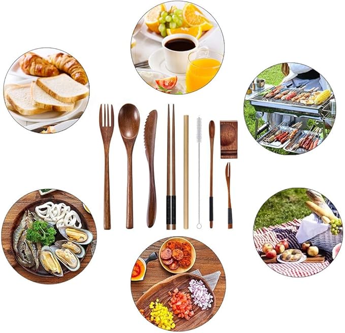 Wooden Utensil Flatware Set Reusable Utensils Travel Cutlery Set for Eating with Case, 10 Pcs Wooden Spoon and Fork Set Bamboo Flatware Set with Wooden Knife, Fork, Spoon, Chopsticks, Straws and Brush