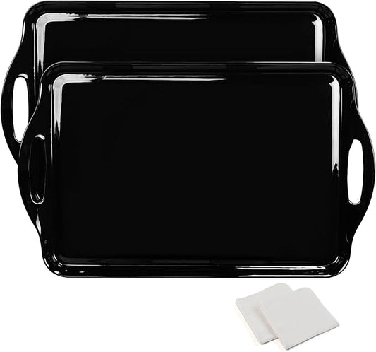 Large Black Serving Tray with Handles, 19''x11.6'' Melamine Platters, Rectangular Trays for Serving Food, Turkey, Cookie, Cupcakes, Desserts, Dishwasher Safe, BPA-Free, Set of 2
