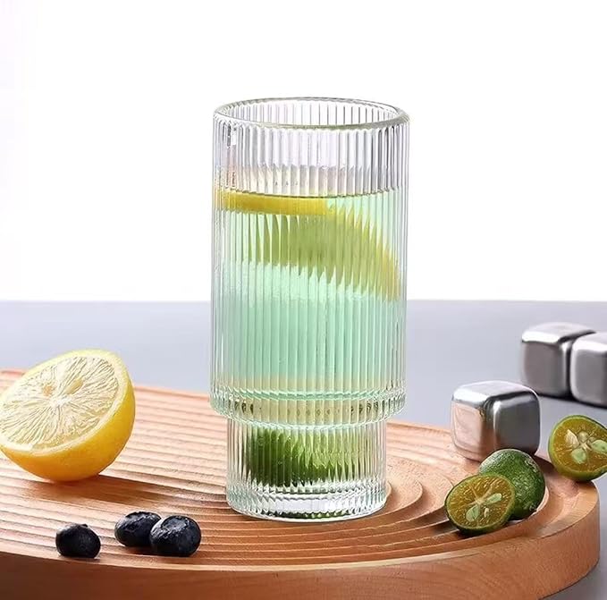 AFINSEA 16OZ Ribbed Glass Cups with Lids and Straws,Iced Coffee Cups with Bamboo Lid,Vintage Glassware for Whiskey Cocktail Beer Fruit Juice Glasses Tumbler(4 Pack)