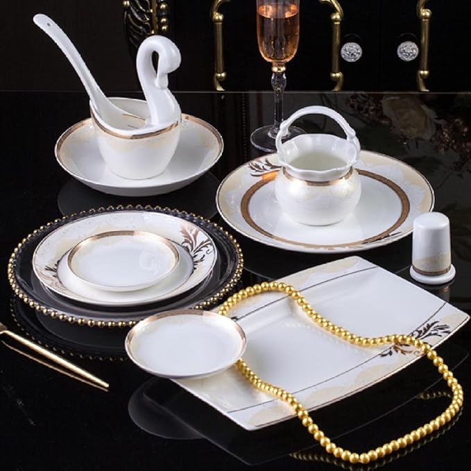 60 Heads ceramic tableware Dish Rice Bowl Salad Noodles Bowl Plate Dinnerware Sets Kitchen Soup Pot Ashtray Dinnerware Sets-WHITE