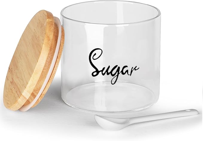 HAOTOP Clear Glass Condiment Pots with Spoon Wooden Lid and Silicone Sealing, Farmhouse Container Jar Dispenser Holder for Home Kitchen,12 oz Labeled Sugar