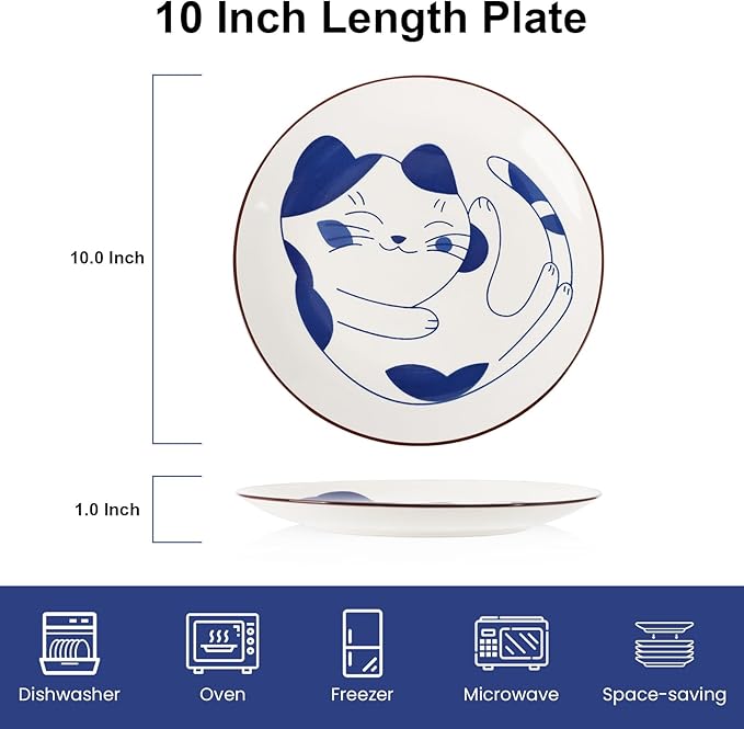 KitchenTour Large Ceramic Dinner Plates, 10 Inch Salad Plates Set of 6, Serving Plates for Dessert, Pasta, Appetizer, Dishwasher and Microwave Safe, Vintage Blue