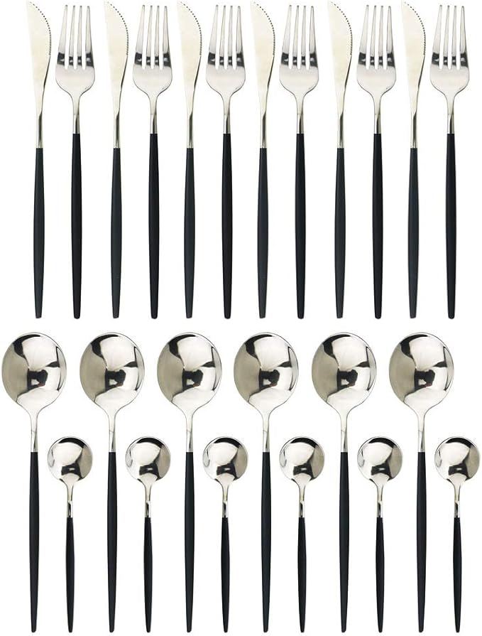 JASHII 24 Piece Titanium Black Plated Stainless Steel Flatware Set,Black Handle With Silver Mouth Flatware Set, Black With Silver Cutlery Set Service for 6 (Black Handle, Shiny Silver)