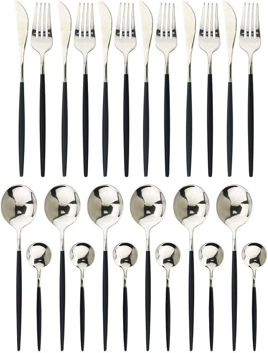JASHII 24 Piece Titanium Black Plated Stainless Steel Flatware Set,Black Handle With Silver Mouth Flatware Set, Black With Silver Cutlery Set Service for 6 (Black Handle, Shiny Silver)