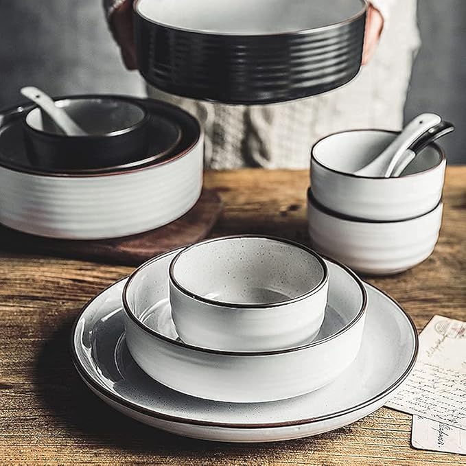 Luxurious Porcelain Dinnerware Set, 42 Piece Round Stoneware Plates and Bowls Sets, Speckle Black and White, Service for 8~10, Dishes Sets/Ceramic Dinner Set