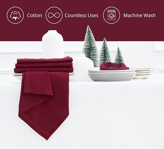 PurpleEssences Set of 6 Hemstitch Cloth Dinner Napkins 100% Cotton - Soft Durable Washable - Ideal for Wedding Spring Easter Summer - Perfect Everyday Use Table Linen 18x18 - Burgundy